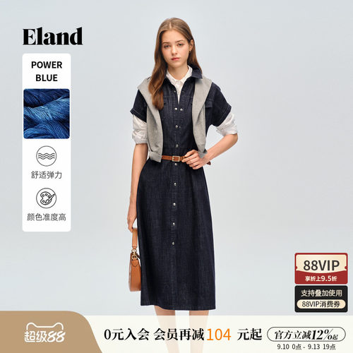 ELAND翻领短袖牛仔连衣裙