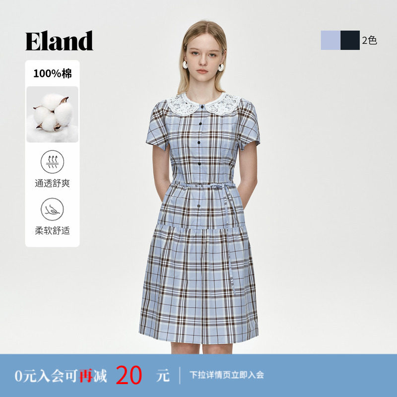【100%棉】Eland衣恋连衣裙女娃娃领宽松短袖条纹裙2026夏季新款