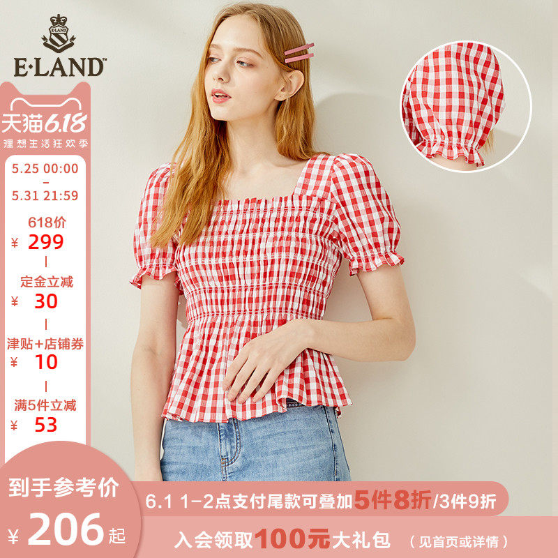 【预售】ELAND2020夏季新款法式方领格子泡泡袖上衣女EEBWA66Q1I