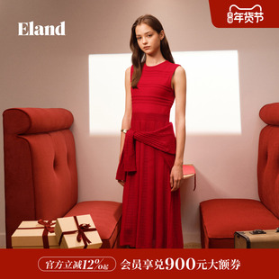 Eland衣恋连衣裙女无袖圆领针织裙优雅收腰百褶裙红裙2026春新款