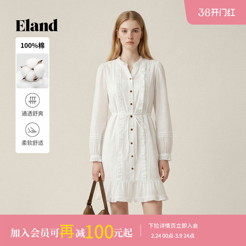 【100%棉】Eland衣恋连衣裙女通勤长袖收腰衬衫裙2025冬季新款
