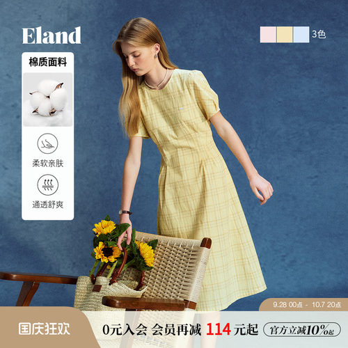 ELAND连衣裙纯色泡泡袖圆领