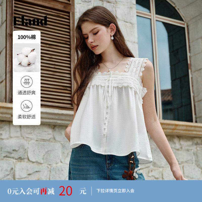 【100%棉】Eland衣恋衬衫女单排扣无袖蕾丝花边系带上衣夏季