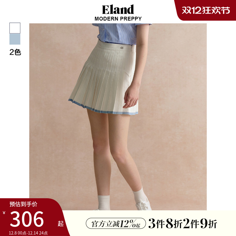 E·LAND时尚百褶牛仔短裙半身裙