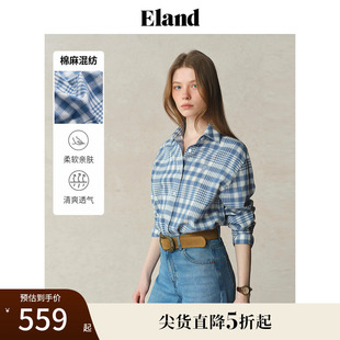 女学院风宽松格纹通勤上衣2025夏季 Eland衣恋衬衫 新款 30%亚麻