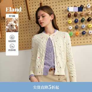 【100%棉】Eland衣恋毛针织女花朵刺绣圆领开衫毛衣2026春新款