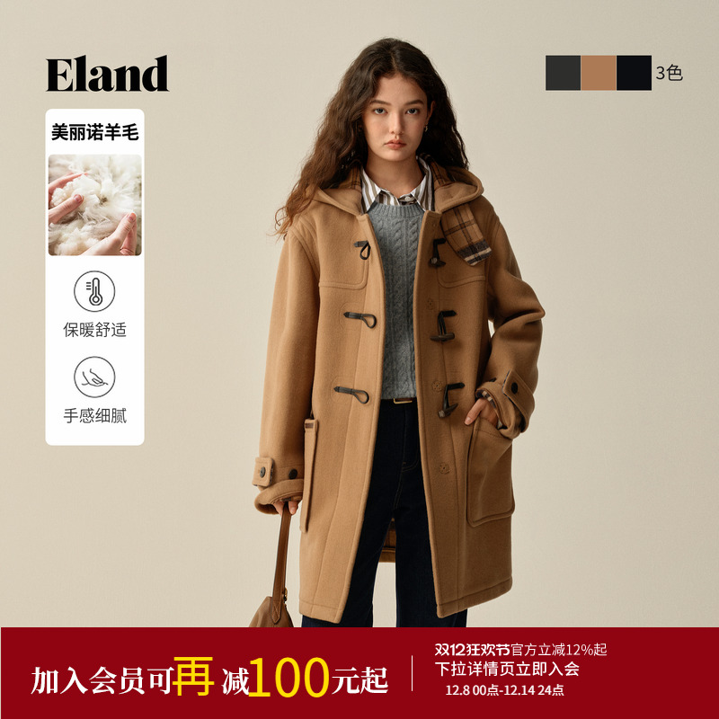 ELAND毛呢外套单排扣连帽含羊毛