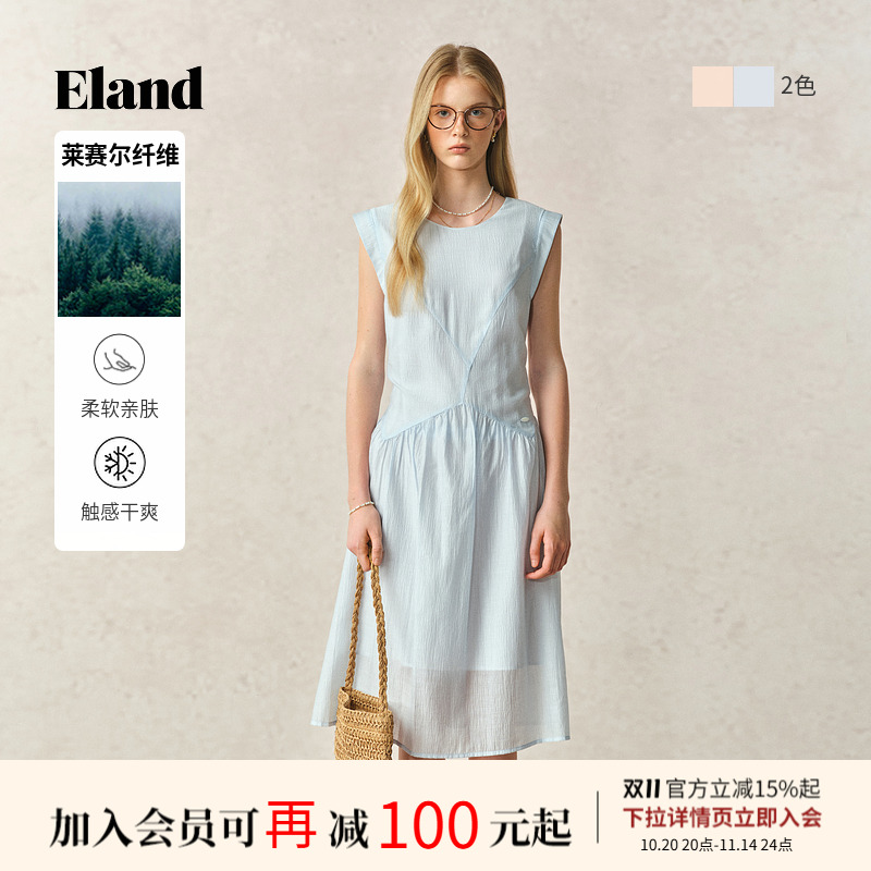 ELAND连衣裙圆领无袖纯色中长薄