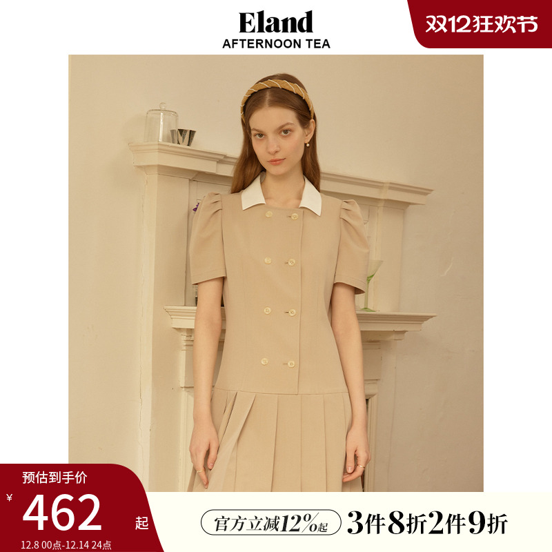 ELAND泡泡袖百褶学院风连衣裙