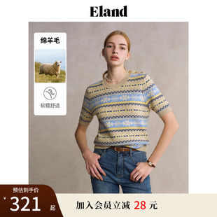 Eland衣恋针织T恤女甜美风下摆罗纹微弹舒适短袖 上衣2025春季 新款