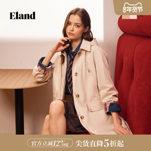Eland衣恋风衣女长款休闲单排扣翻领通勤连帽外套2026春季新款