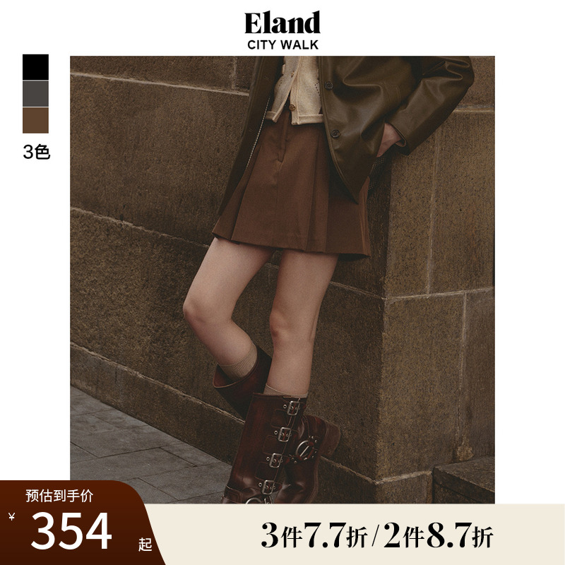 Eland衣恋半身裙女短款A字型显瘦侧插袋双褶格雷系短裙子