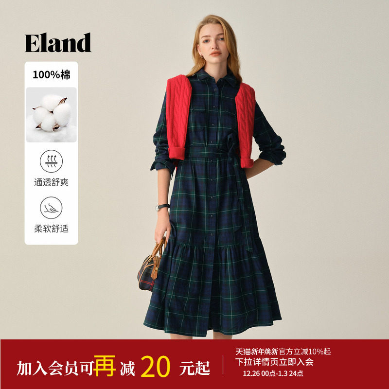【100%棉】Eland衣恋连衣裙女英伦风收腰格纹长裙2025冬