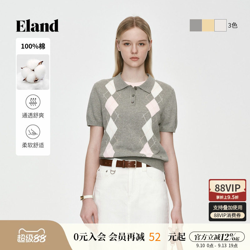 ELAND撞色菱格修身短袖针织女图片