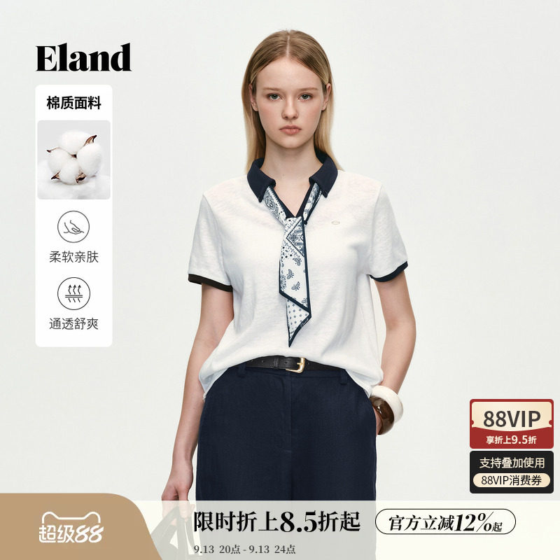 ELAND翻领飘带撞色短袖图片