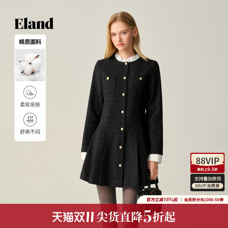 ELAND连衣裙法式小香风荷叶领