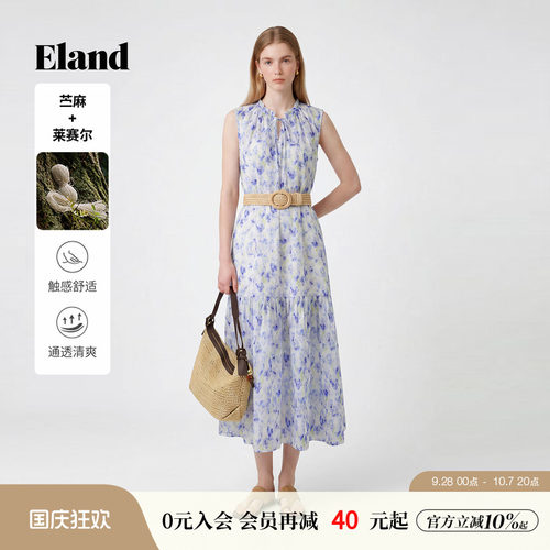ELAND无袖系带合身碎花长裙