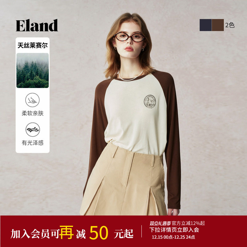 Eland衣恋T恤女宽松长袖圆形印花上衣2025夏季新款