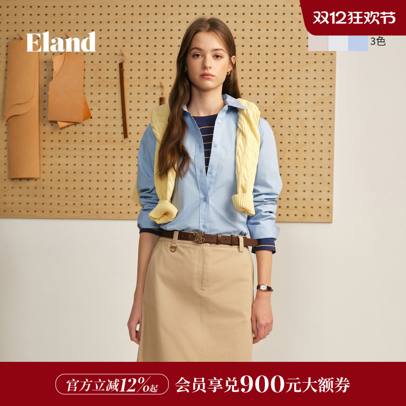 ELAND衬衫纯色翻领上衣棉质