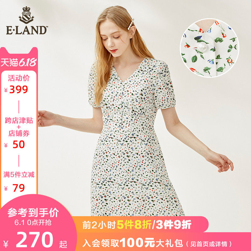 ELAND2020新款夏季款清新气质显瘦V领法式碎花连衣裙女EEOWA6404I