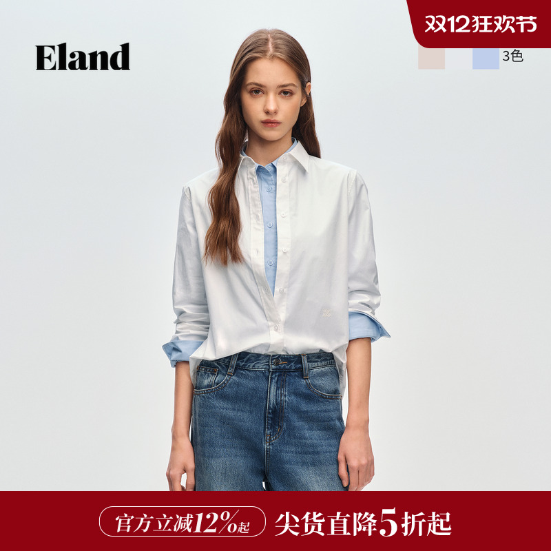 ELAND衬衫纯色翻领上衣棉质