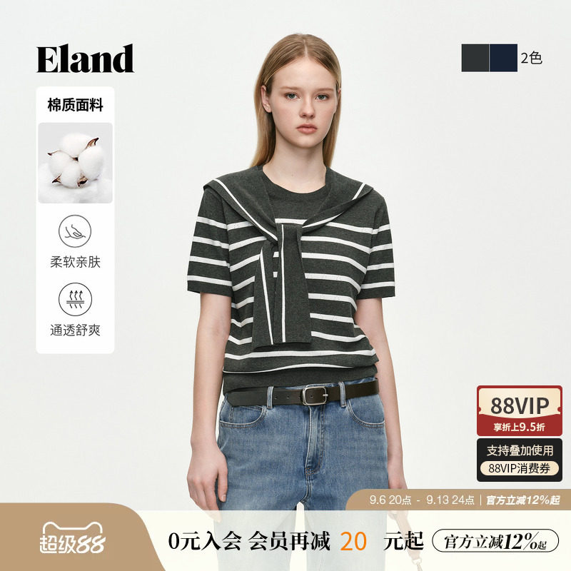 ELAND条纹撞色刺绣针织短袖图片