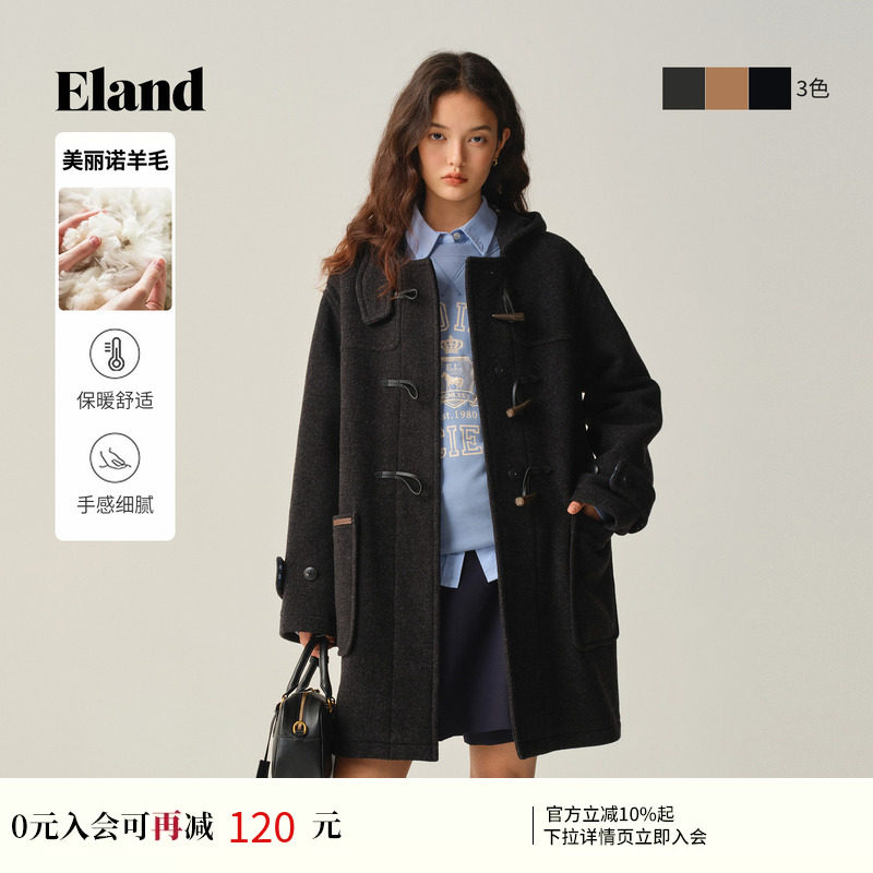 【美丽诺羊毛】Eland衣恋毛呢外套女牛角扣廓形大衣冬季新款