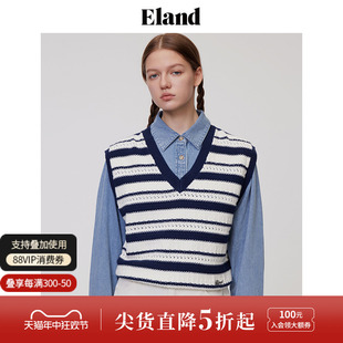 套头针织衫 Eland衣恋针织背心女条纹V领学院风修身 春秋