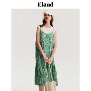 Eland衣恋荷叶边吊带长裙秋季碎花纯欲风褶皱连衣裙女