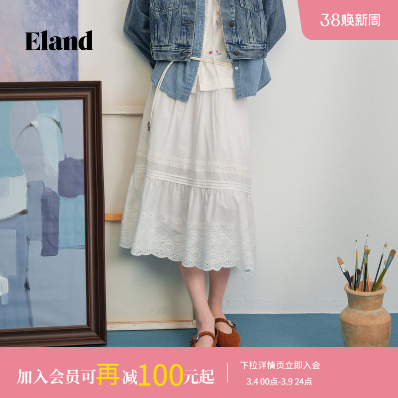 【100%棉】Eland衣恋半身裙女收腰百褶裙蕾丝边A字裙2026春夏新款