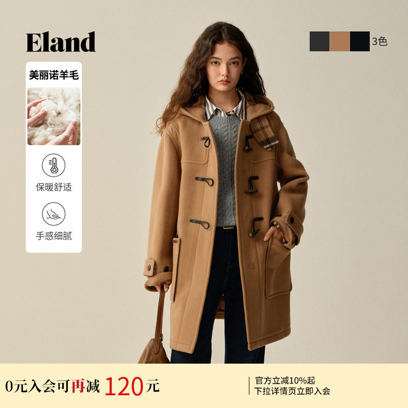 【美丽诺羊毛】ELand衣恋毛呢外套女牛角扣加厚羊毛大衣冬新