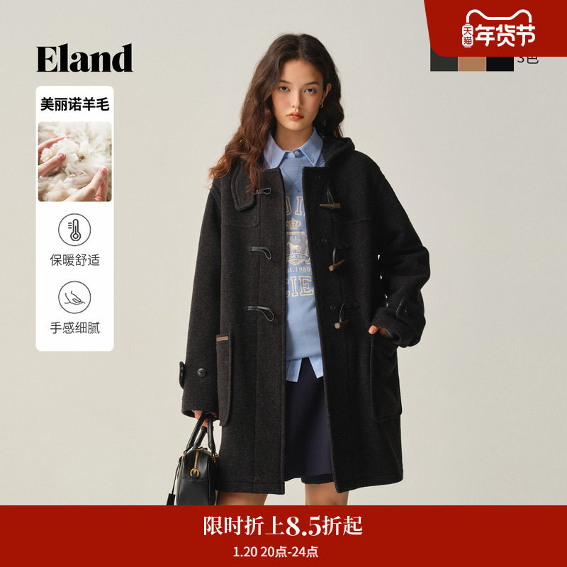 【美丽诺羊毛】Eland衣恋毛呢外套女牛角扣廓形大衣2025冬季新款,女装/女士精品,毛呢外套,淘宝优惠券,粉丝福利购,淘宝优惠卷