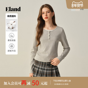 【97%棉】Eland衣恋T恤女长袖舒适合身上衣2025冬季新款