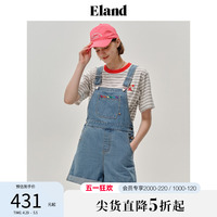 Eland衣恋牛仔背带裤短裤翻边刺绣休闲宽松减龄学院风夏新品