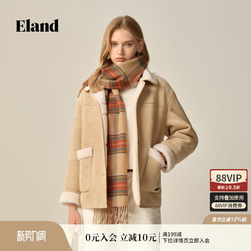 Eland衣恋仿羊羔绒外套摇粒绒外套女大口袋短外套冬季新款