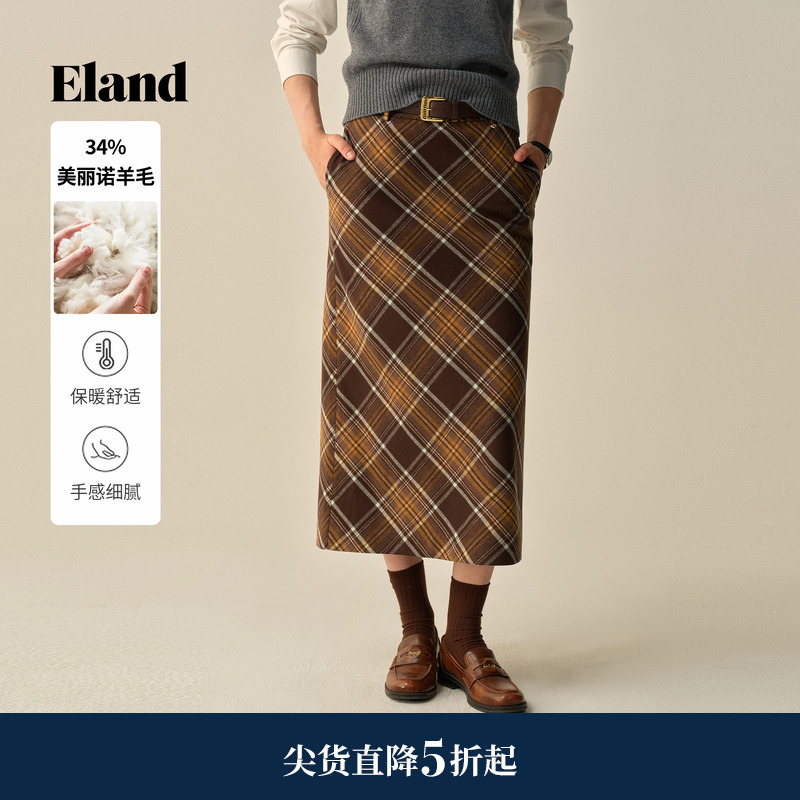 ELAND半身裙格纹直筒长裙