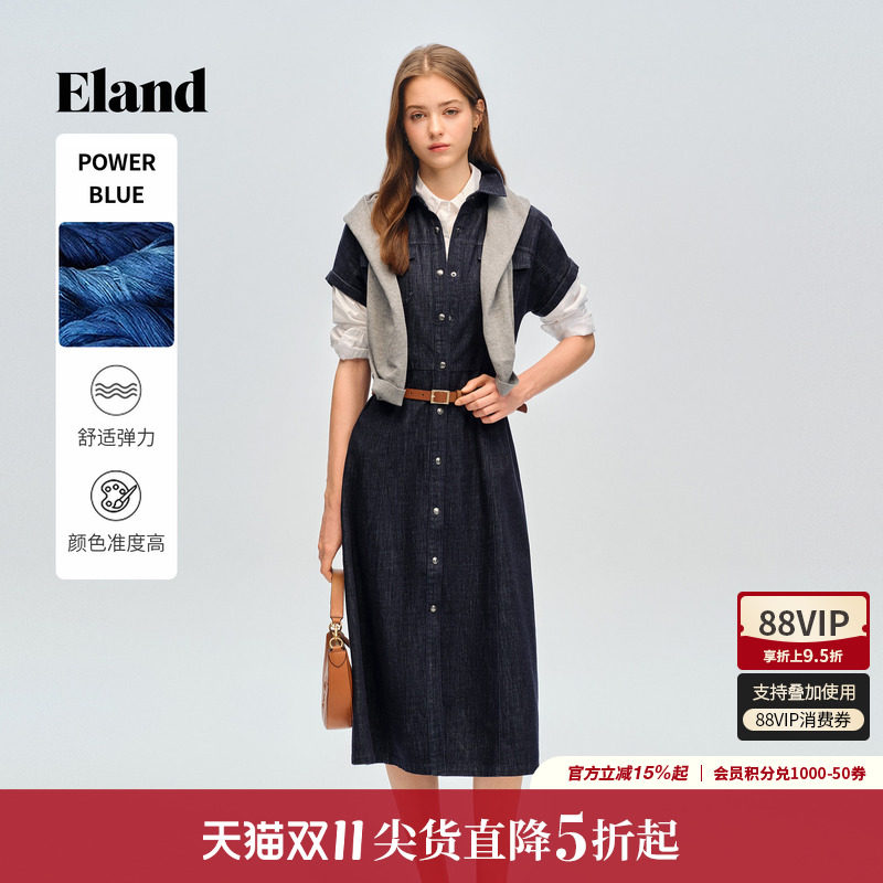 Eland衣恋连衣裙连衣裙女翻领短袖单排扣纯棉长裙