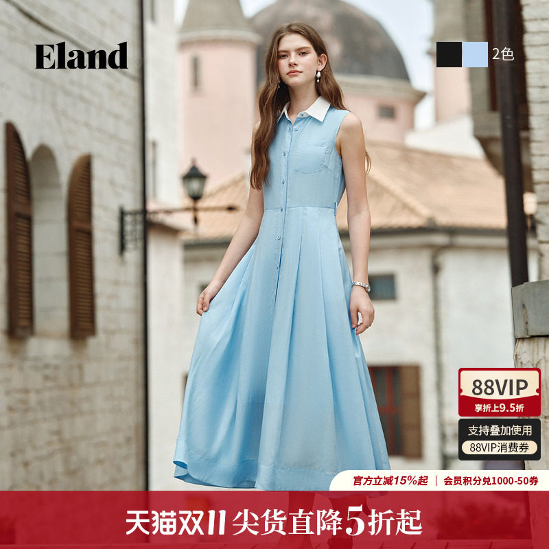 【莱赛尔】Eland衣恋连衣裙女甜美无袖通勤衬衫裙收腰亚麻长裙夏