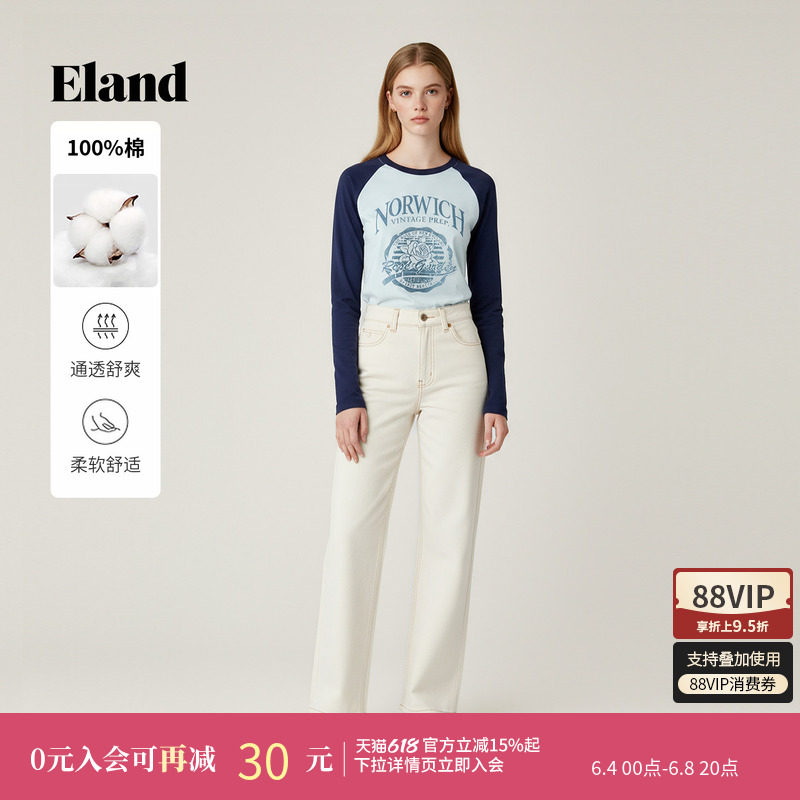 【100%棉】Eland衣恋T恤女时尚印花撞色插肩长袖上衣冬季新款