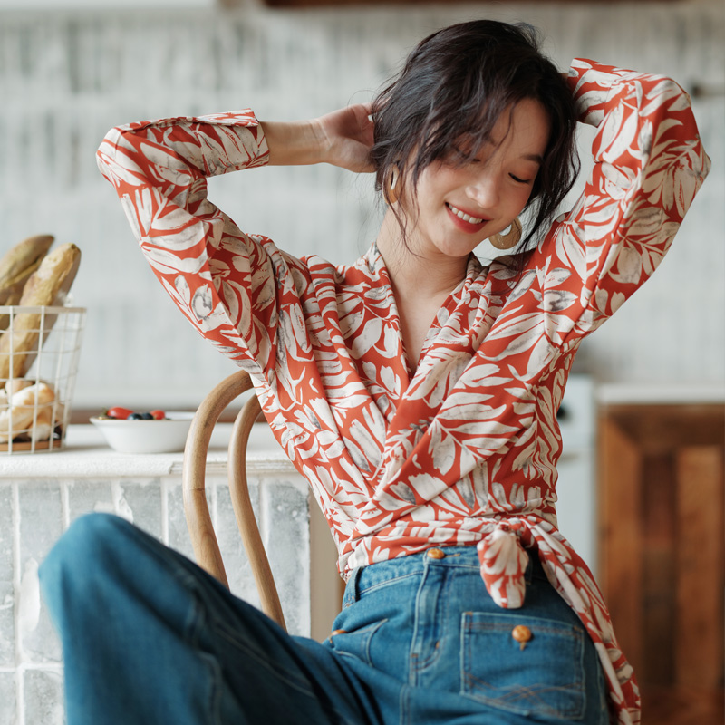 诺比昂早秋海岛风薄款雪纺衬衫