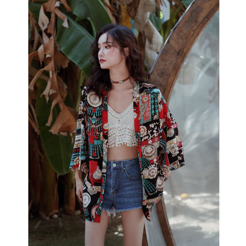 印花日系复古海边沙滩外搭防晒衣