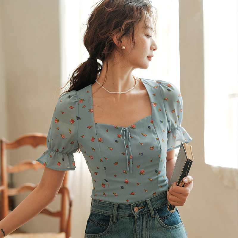 诺比昂修身法式套头短袖雪纺上衣