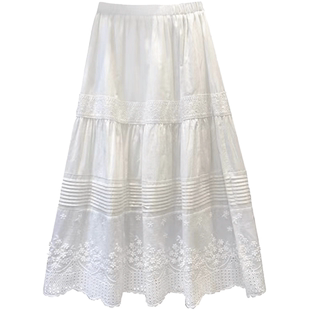 重工法式夏季白色花边长裙百搭A字裙棉打褶刺绣设计感半身裙子女