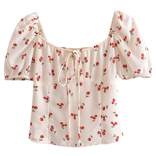 诺比昂法式复古方领泡泡袖短袖衬衫雪纺衫樱桃碎花修身气质上衣夏