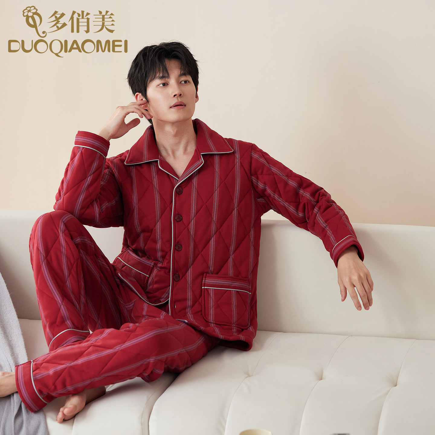 纯棉三层加厚夹棉冬季男士睡衣棉