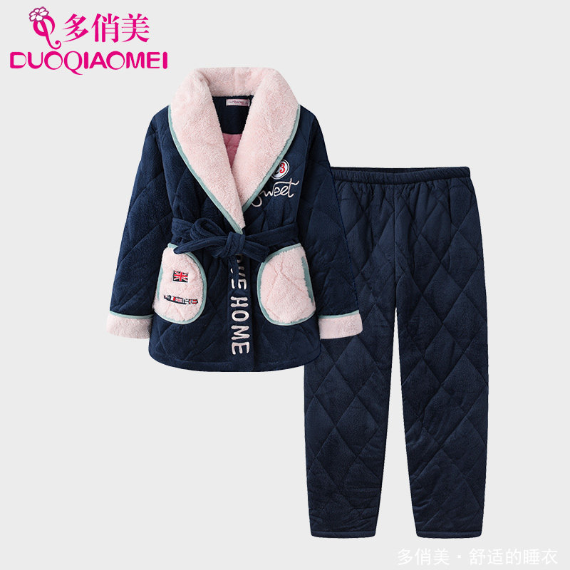 冬季夹棉睡衣女三层加厚珊瑚绒韩版日式和服法兰绒翻领家居服套装