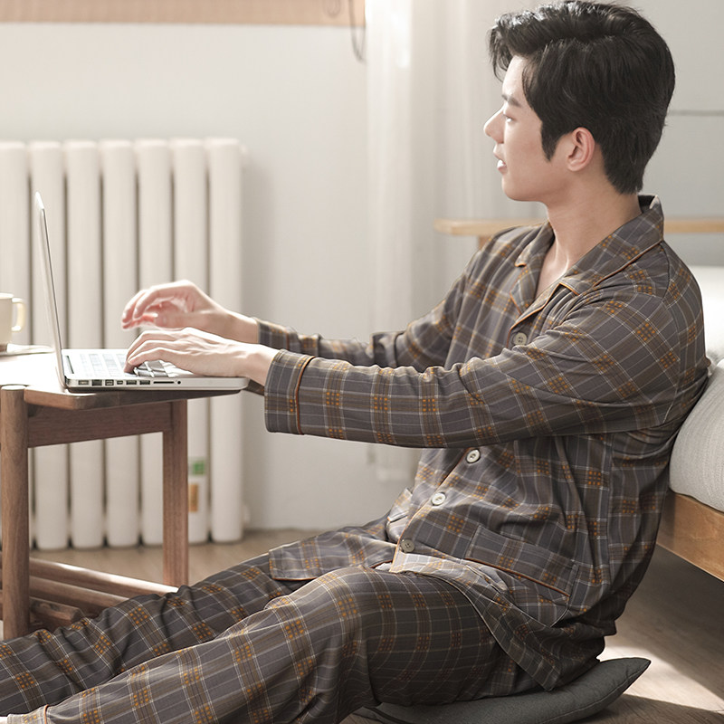 大码男士睡衣秋冬纯棉长袖格子中年青年爸爸全棉春秋款家居服套装,女士内衣/男士内衣/家居服,睡衣/家居服套装,淘宝优惠券,粉丝福利购,淘宝优惠卷