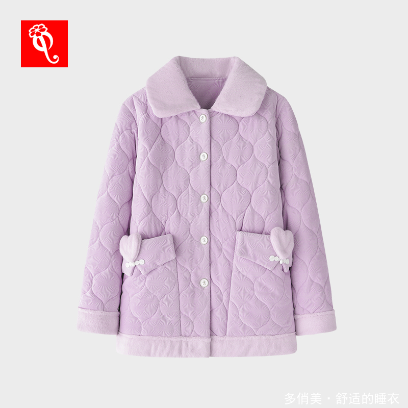 海岛绒夹棉加厚保暖三层女士睡衣