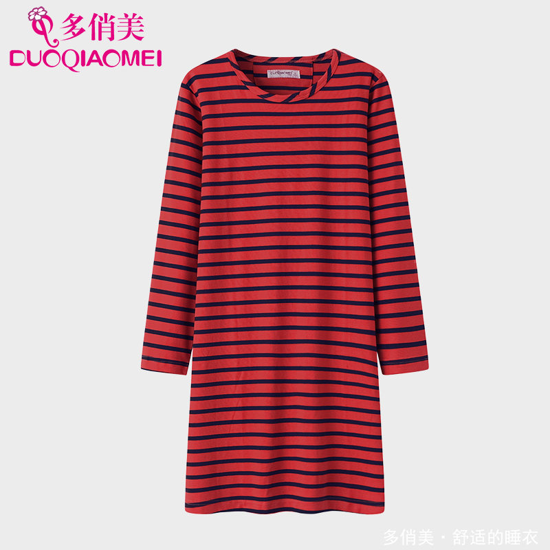 休闲睡裙女春秋款纯棉长袖全棉秋季圆领韩版睡衣连衣裙条纹家居服