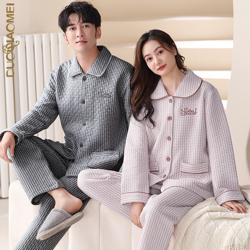 睡衣情侣春秋款纯棉夹层秋冬季中厚保暖居家服男士空气棉新款冬天
